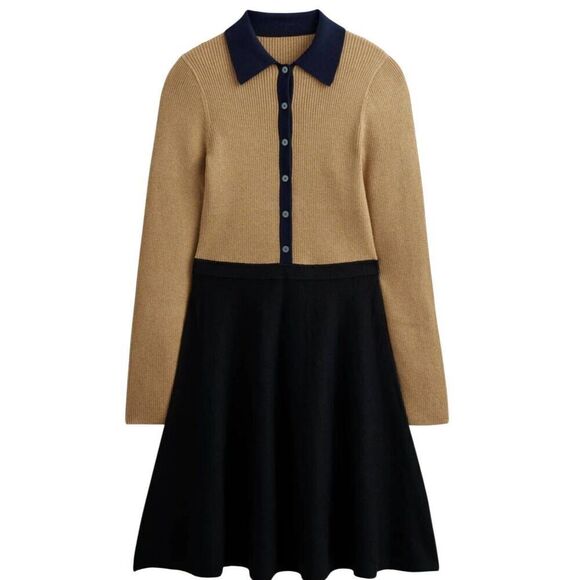 Boden Dress Women's 14 Black Tan Rib Detail Knitted Dress Collared Fit Flare - Picture 1 of 6